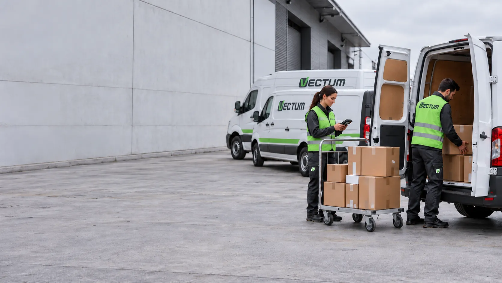 Furgoni VECTUM e due operatori con gilet verde che caricano colli davanti a un polo logistico — contract distribution con flotta gestita direttamente