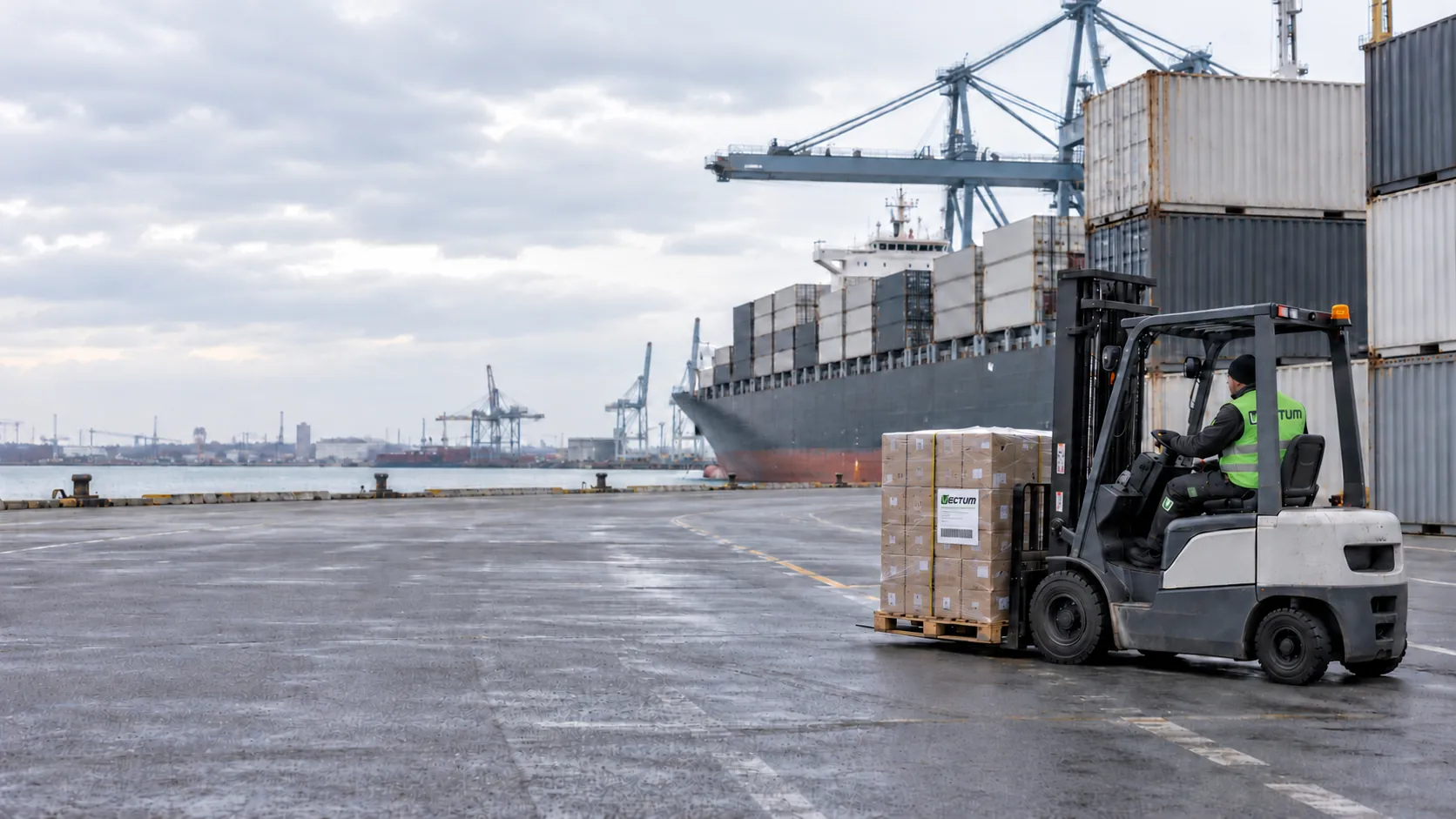 Carrello elevatore con un pallet di colli VECTUM nel porto, davanti a una nave portacontainer e alle gru di banchina — spedizioni internazionali global freight