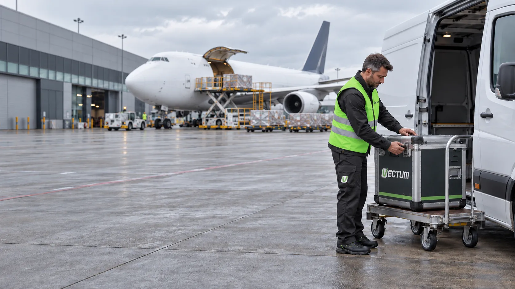 Operatore VECTUM con gilet verde carica una cassa su un furgone bianco sul piazzale di un aeroporto, con un aereo cargo sullo sfondo — logistica time critical e trasporto urgente